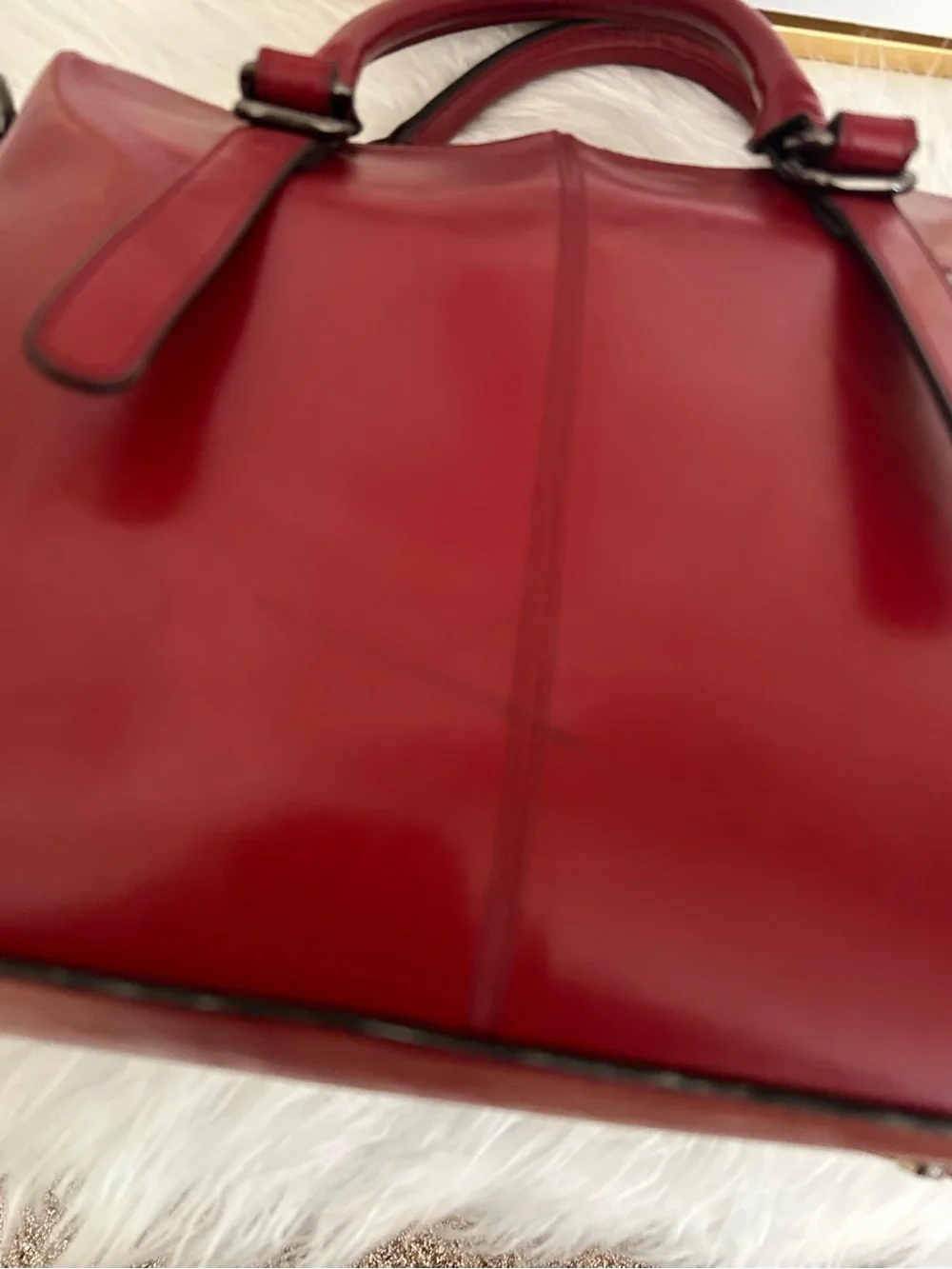 HESHE Red Genuine Leather Satchel Tote